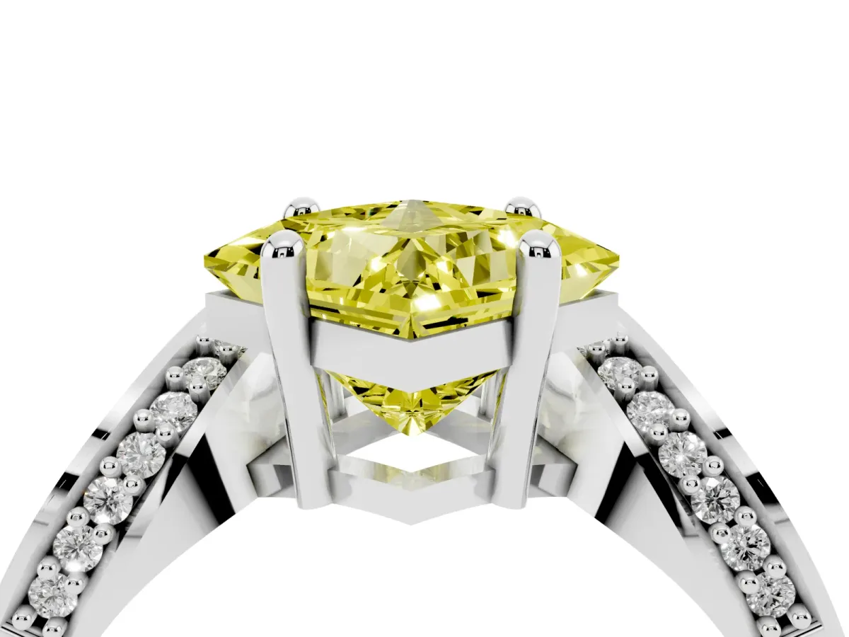 Fancy Yellow Princess Cut Solitaire Diamond Engagement Ring with Pave Band and Four-Prong Setting Silver