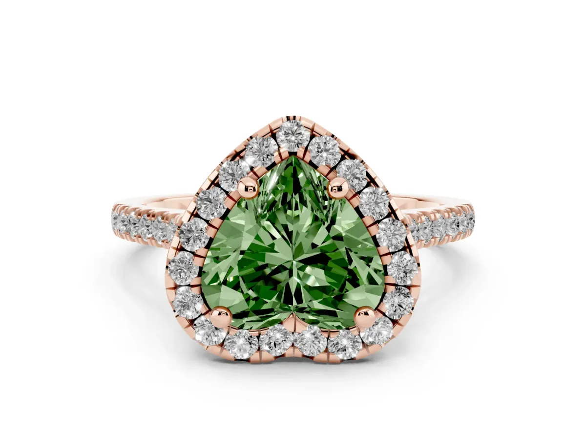 Fancy Green Heart Cut Diamond Cushion Halo Ring with Pavé Band Rose gold