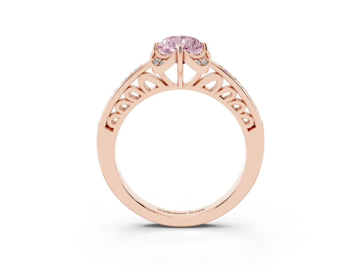 Fancy Pink Pear Cut Cut Halo Diamond Ring with Channel Set Band and Four-Prong Setting Rose gold