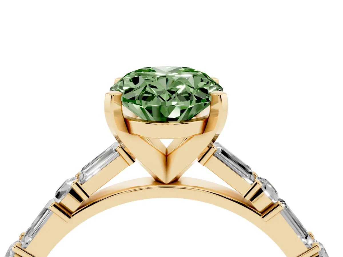 Fancy Green Oval Cut Diamond Solitaire with Side Baguettes and Channel Set Band Yellow gold
