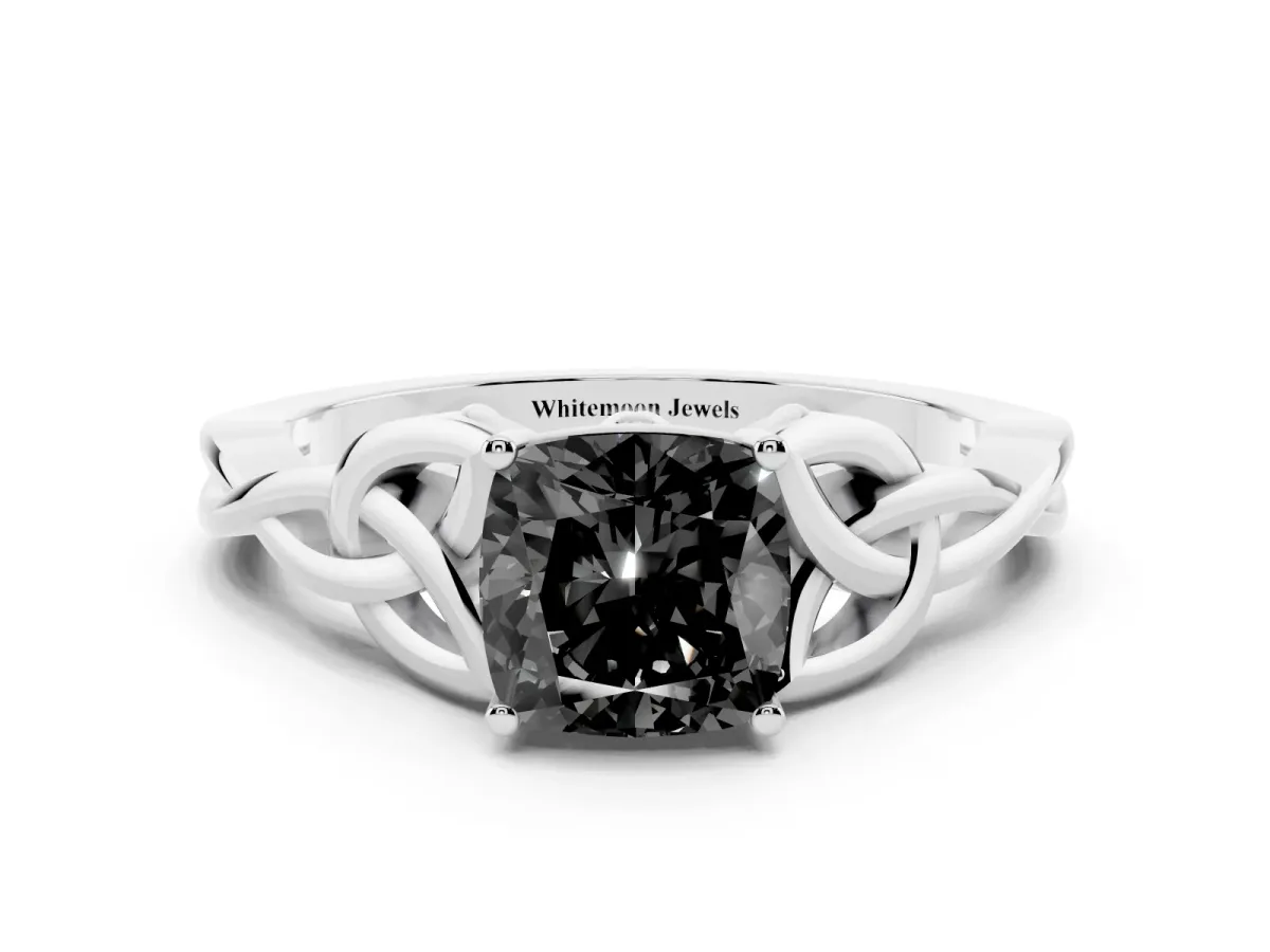 Fancy Black Cushion Cut Diamond Solitaire Engagement Ring with Celtic Knot Band and Four-Prong Setting Platinum