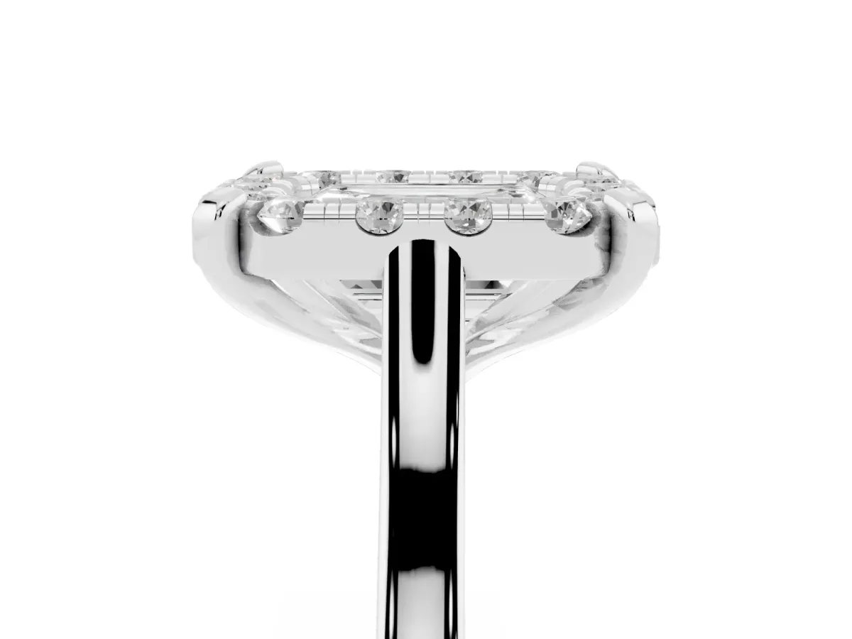 Emerald Cut Diamond Cluster Halo Solitaire with Four-Prong Setting Silver
