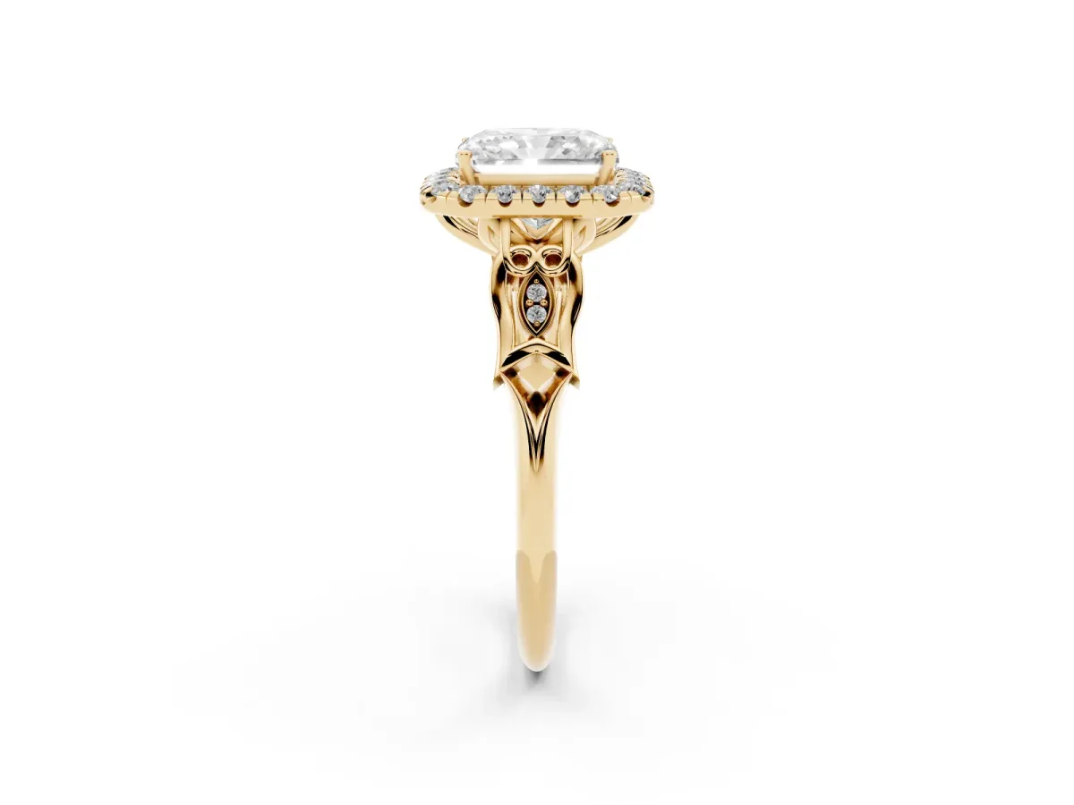 Radiant Cut Halo Diamond Engagement Ring with Filigree Band and Four-Prong Setting Yellow gold