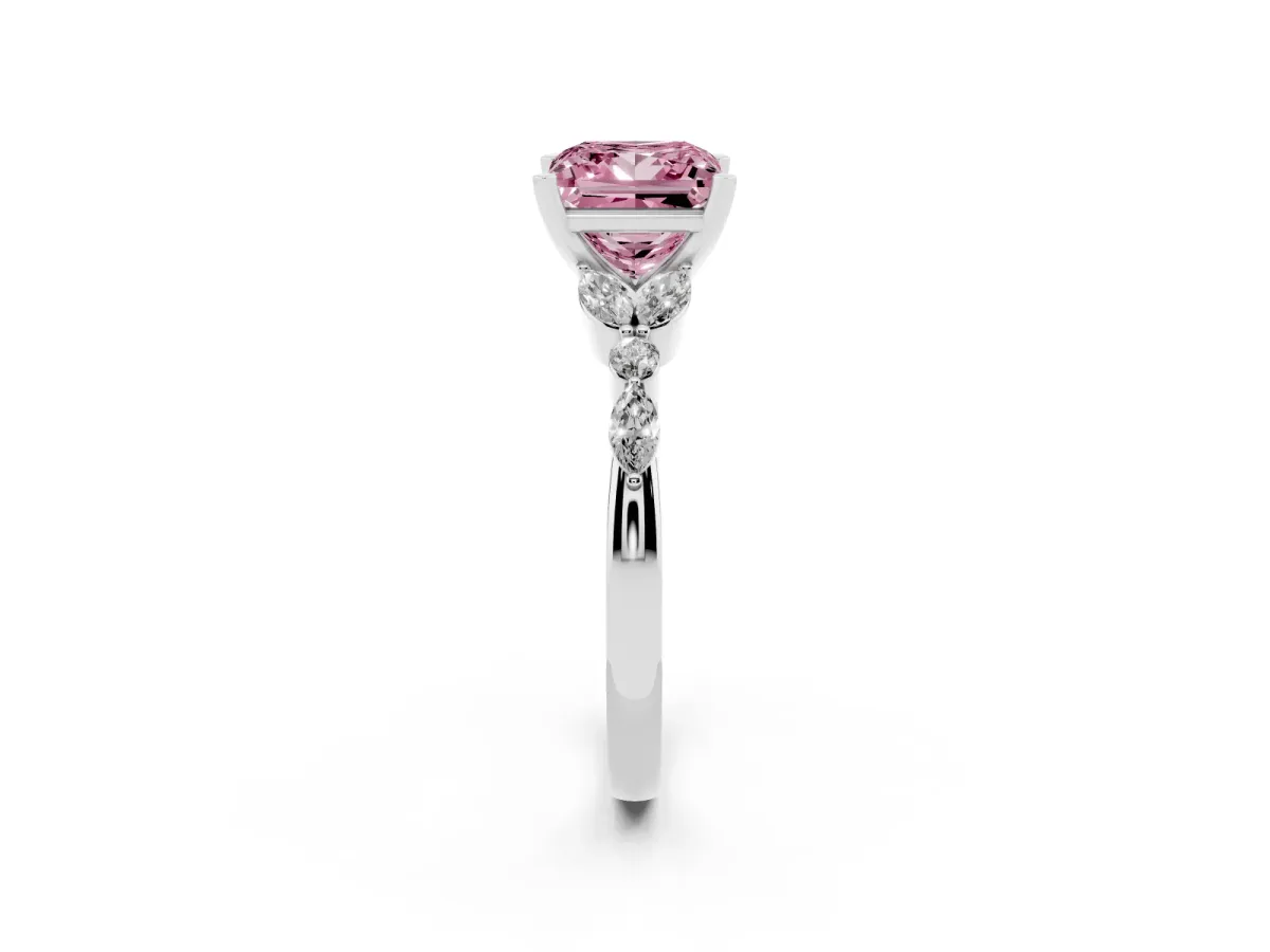 Fancy Pink Princess Cut Diamond Solitaire Ring with Side Stones and Four-Prong Setting Silver
