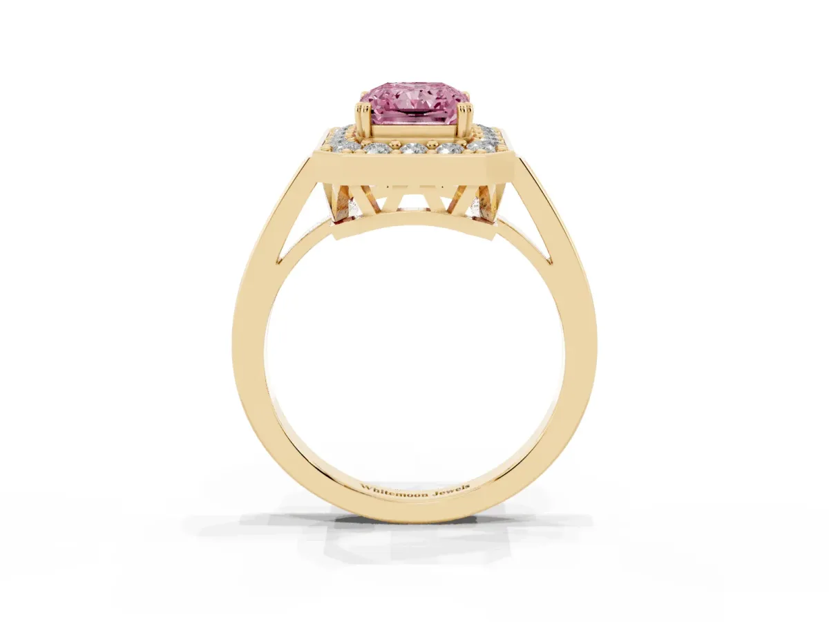 Fancy Pink Radiant Cut Diamond Halo Ring with Split Shank and Four-Prong Setting Yellow gold