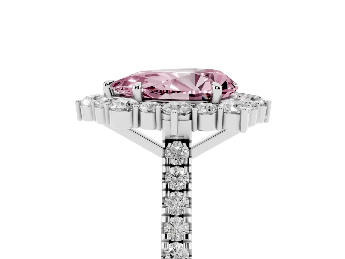 Fancy Pink Pear Cut Halo Diamond Ring with Pavé Band and Prong Setting Silver