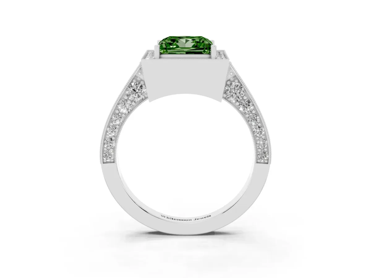 Fancy Green Princess Cut Halo Diamond Engagement Ring with Split Shank Band and Four-Prong Setting Silver