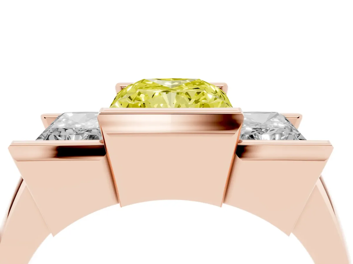 Fancy Yellow Three Stone Radiant Cut Cut Channel Set Diamond Ring Rose gold