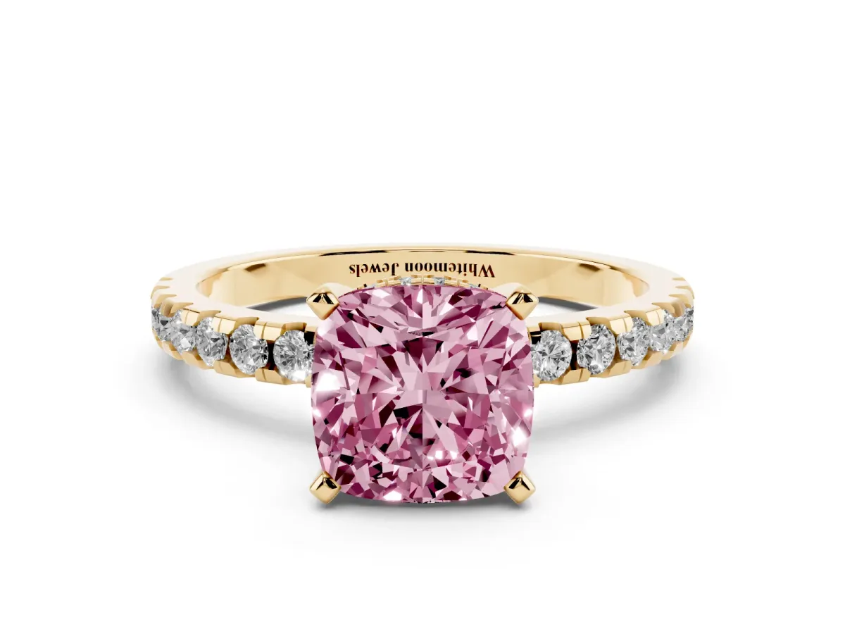 Fancy Pink Cushion Cut Diamond Solitaire Ring with Round Pavé Band and Four-Prong Setting Yellow gold