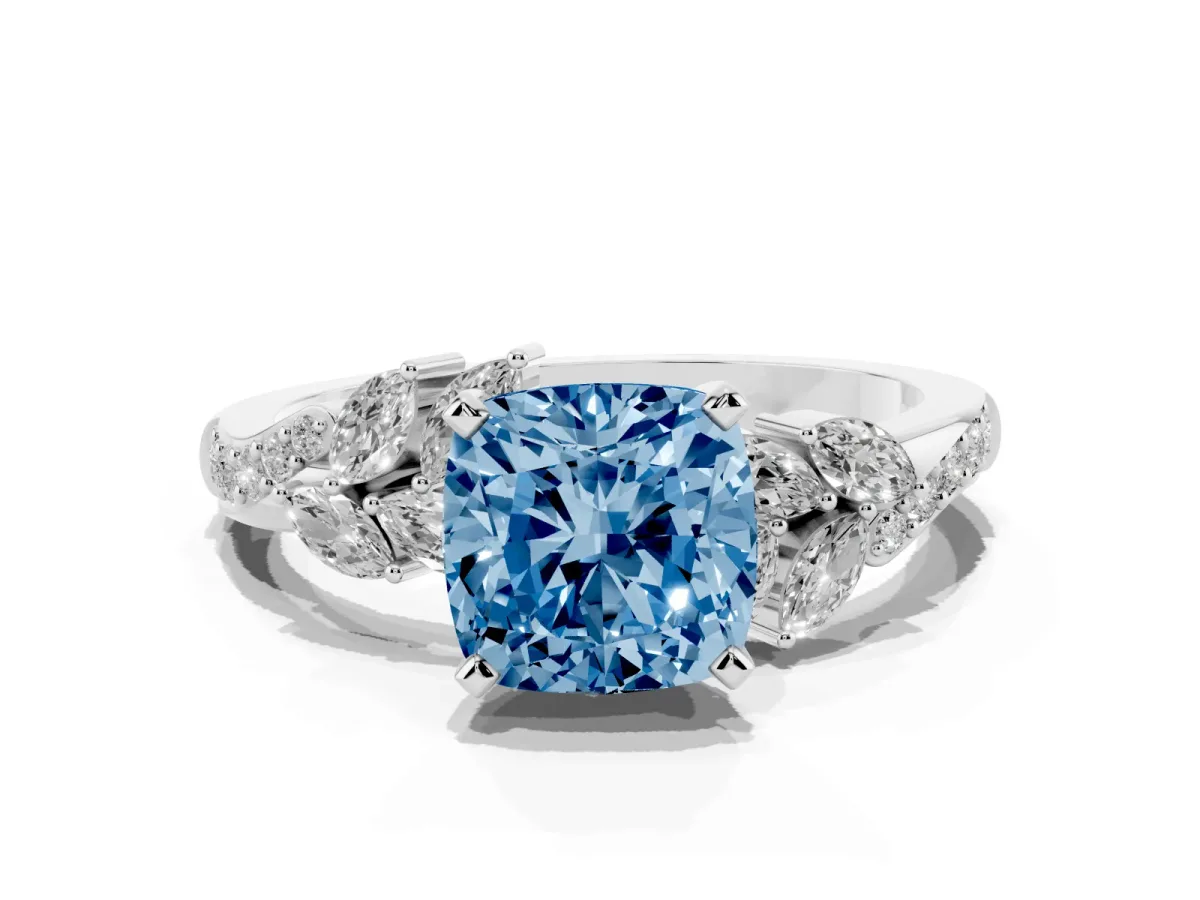 Fancy Blue Cushion Cut Solitaire Marquise Twist Band with Six-Prong Setting Silver
