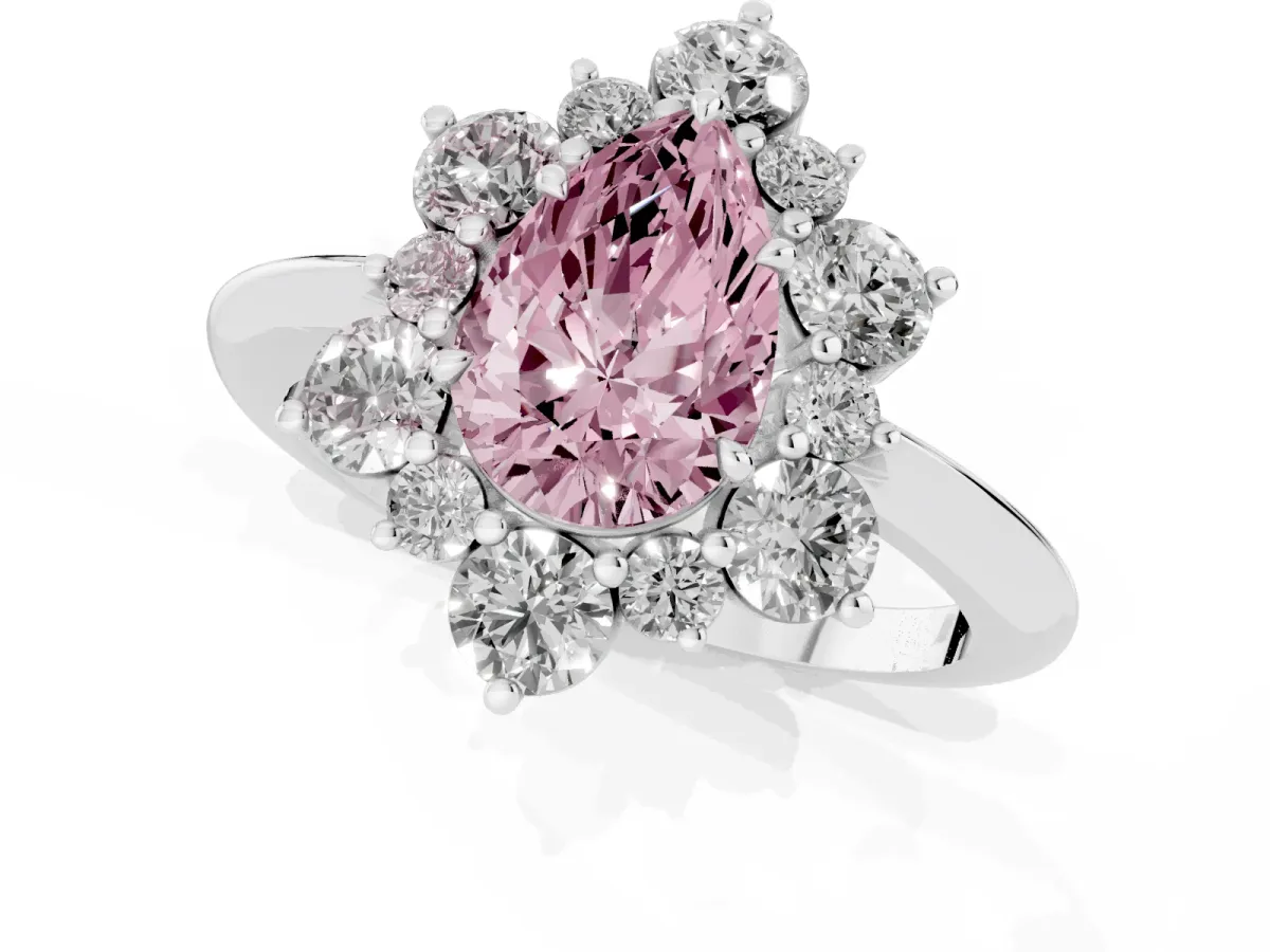 Fancy Pink Pear Cut Diamond Cluster Halo Ring with Solitaire Band and Four-Prong Setting Silver
