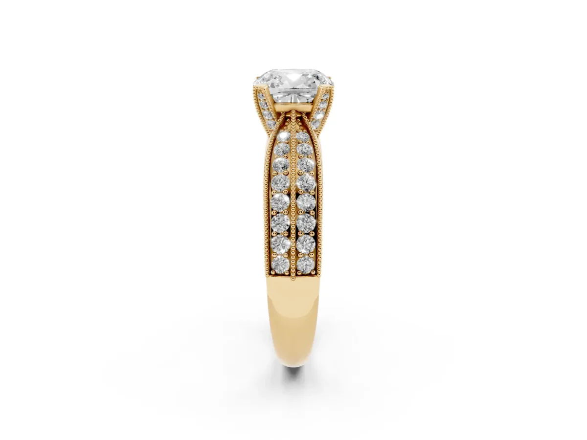 Cushion Cut Diamond Solitaire Ring with Milgrain Round Pavé Band and Prong Setting Yellow gold