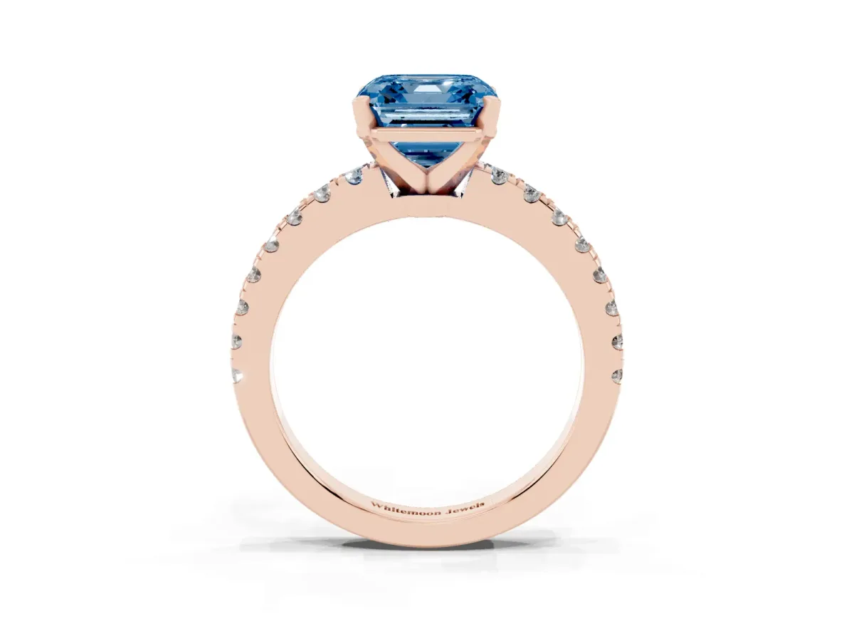 Fancy Blue Asscher Cut Solitaire Diamond with Pavé Band and Four-Prong Setting Rose gold