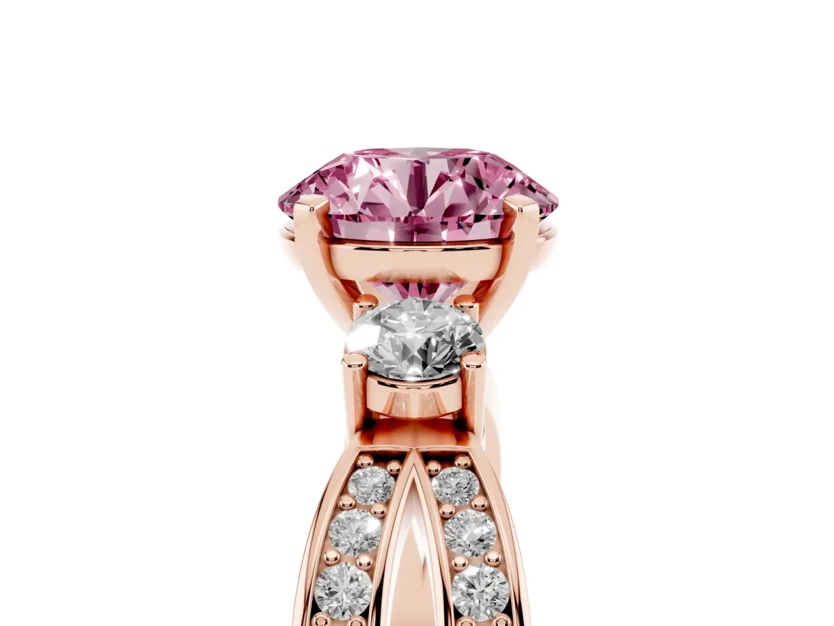 Fancy Pink Three-Stone Round Cut Cut Diamond Twist Band with Prong Setting Rose gold