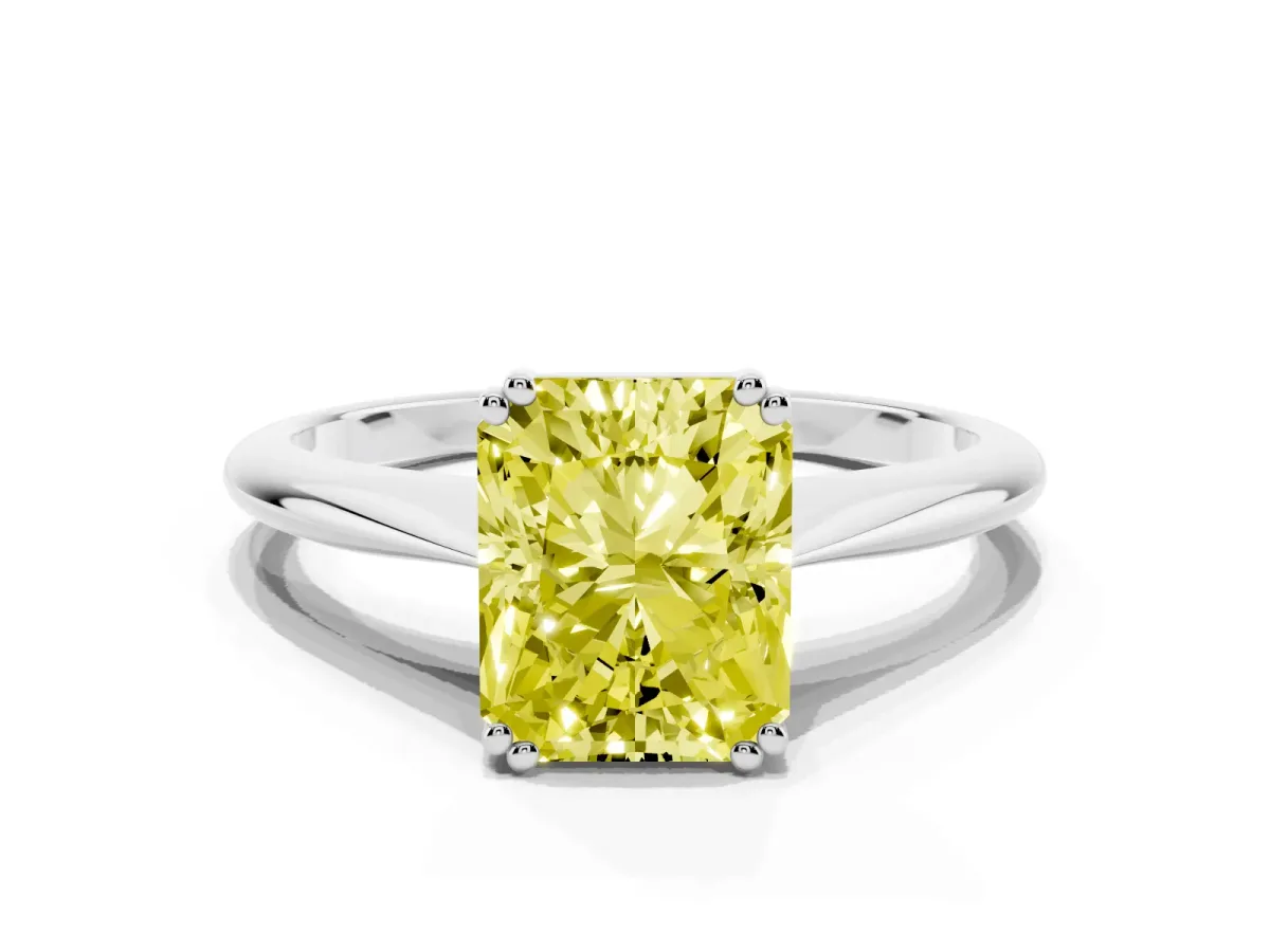 Fancy Yellow Radiant Cut Solitaire Diamond Ring with Six-Prong Setting and Classic Band Silver