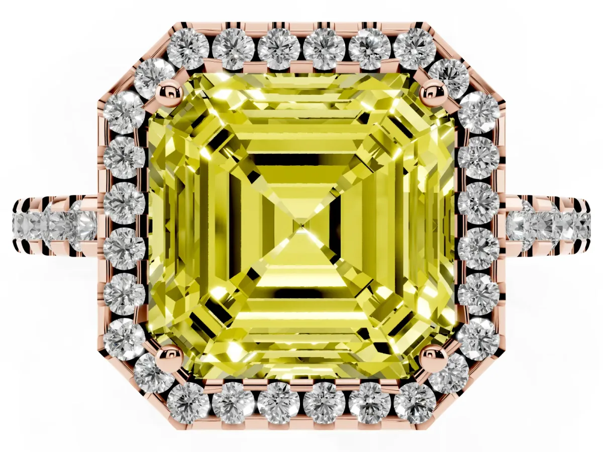Fancy Yellow Asscher Cut Diamond Halo Engagement Ring with Pavé Band and Prong Setting Rose gold