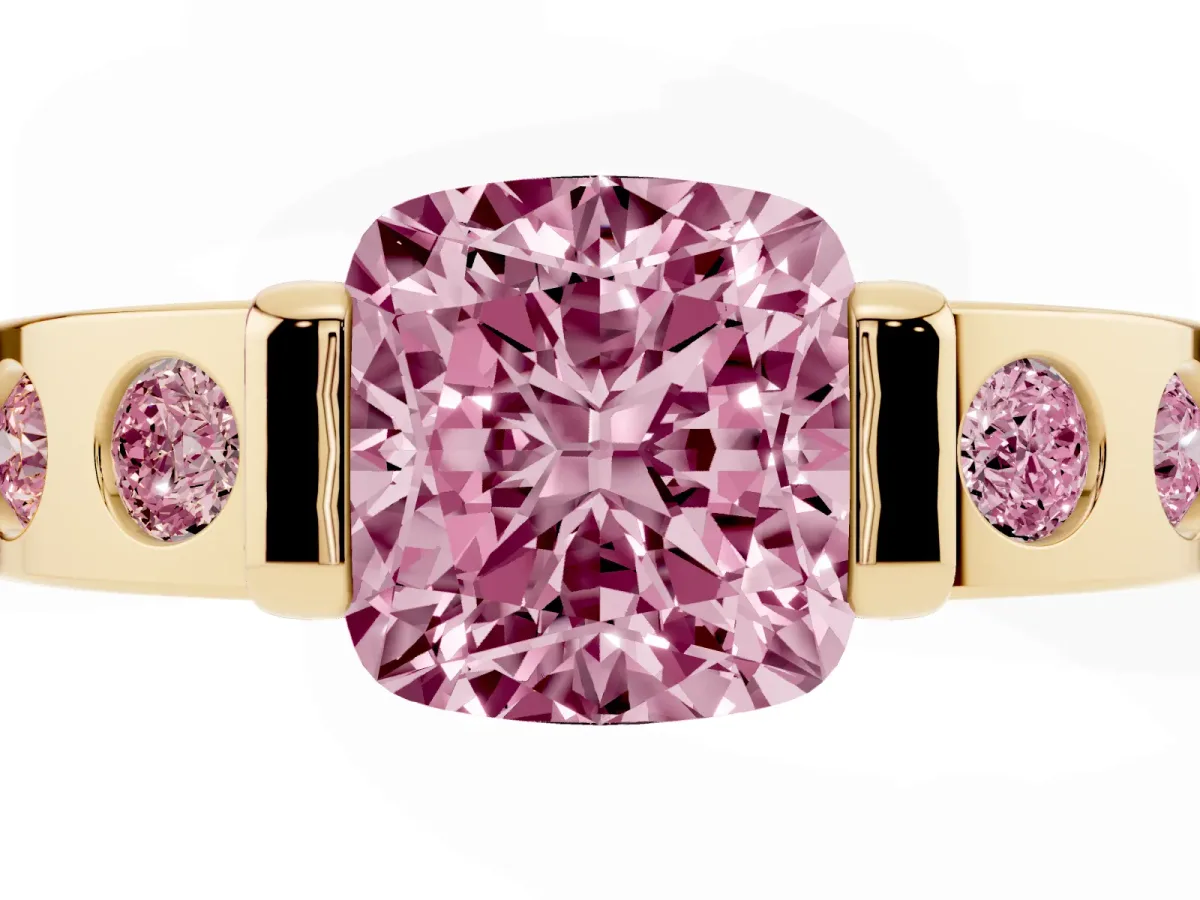 Fancy Pink Cushion Cut Brilliant Channel-Set Diamond Ring with Bezel Prong Setting Yellow gold