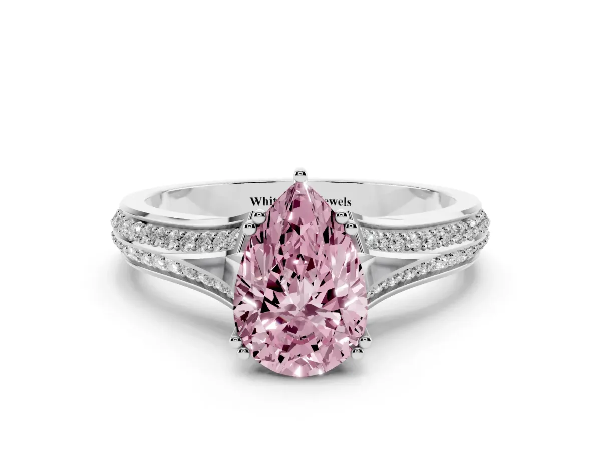 Fancy Pink Pear Cut Diamond Split Shank Engagement Ring with Pavé Band Platinum