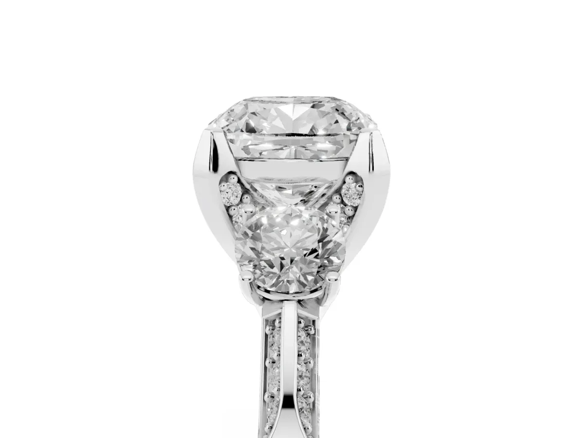 Cushion Cut Brilliant Three-Stone Diamond Ring with Pavé Band and Four-Prong Setting Silver