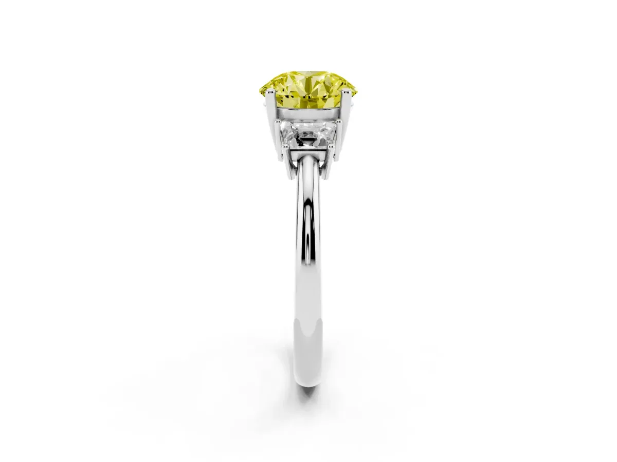 Fancy Yellow Round Cut Diamond Three-Stone Ring with Trapezoid Side Stones and Prong Setting Platinum