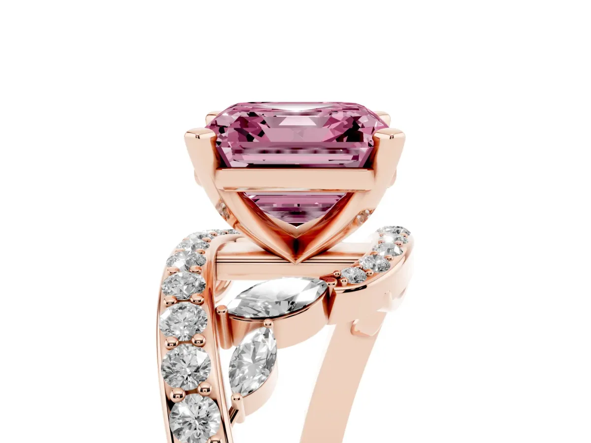 Fancy Pink Asscher Cut Solitaire with Pavé Twist Band and Four-Prong Setting Rose gold