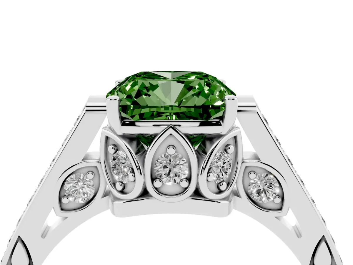 Fancy Green Cushion Cut Cut Cathedral Pave Diamond Engagement Ring with Six-Prong Setting Silver