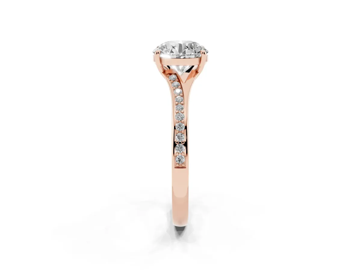 Round Cut Diamond Solitaire Ring with Pavé Band and Prong Setting Rose gold