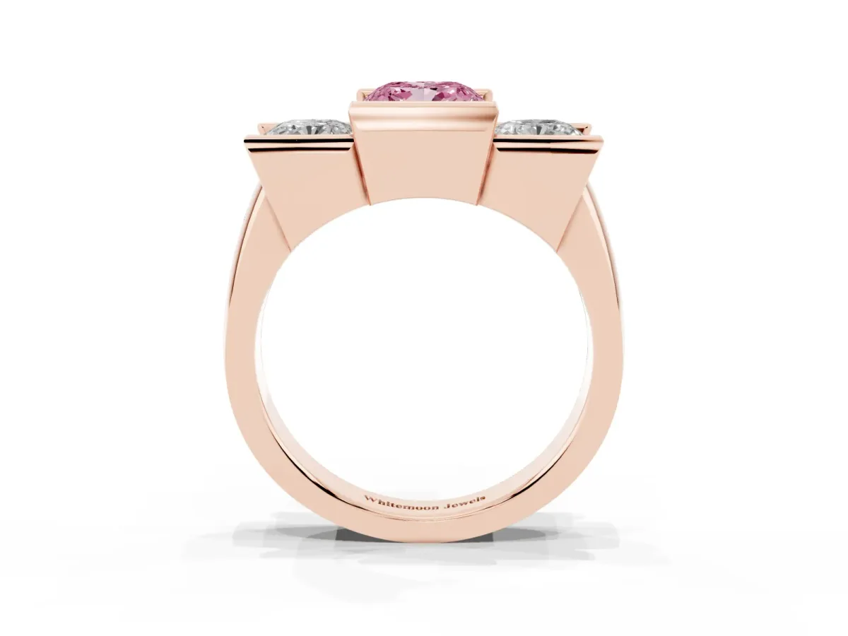 Fancy Pink Three Stone Cushion Cut Cut Channel Set Diamond Ring Rose gold