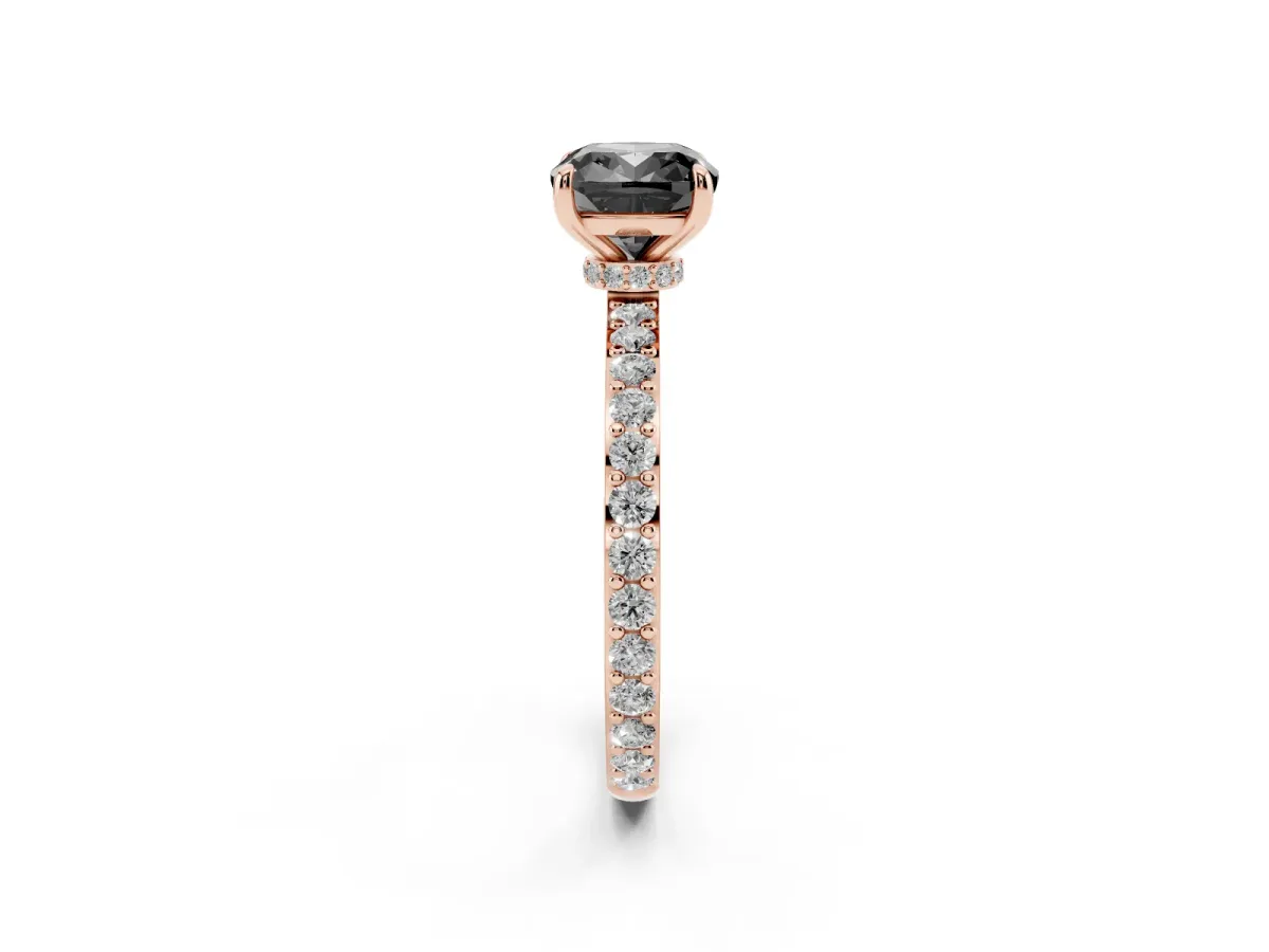 Fancy Black Cushion Cut Diamond Solitaire Engagement Ring with Pavé Band and Four-Prong Setting Rose gold