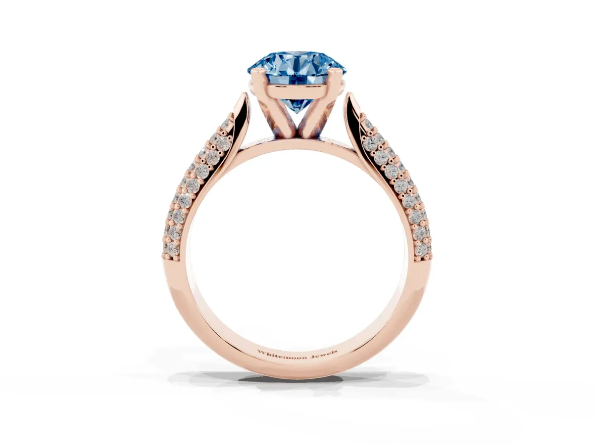 Fancy Blue Round Cut Diamond Solitaire Engagement Ring with Multi-Row Round Pavé Band and Prong Setting Rose gold