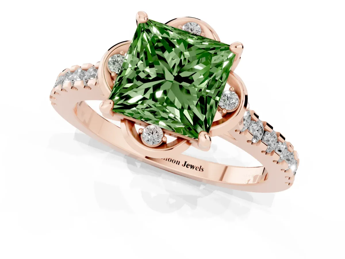 Fancy Green Princess Cut Diamond Ring with Pavé Band and Floral Prong Setting Rose gold