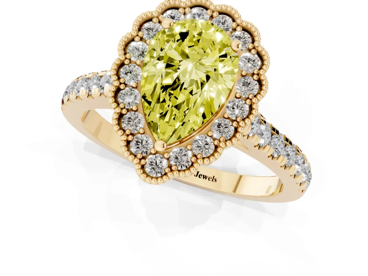 Fancy Yellow Pear Cut Cut Diamond Milgrain Floral Halo Engagement Ring with Pavé Band Yellow gold