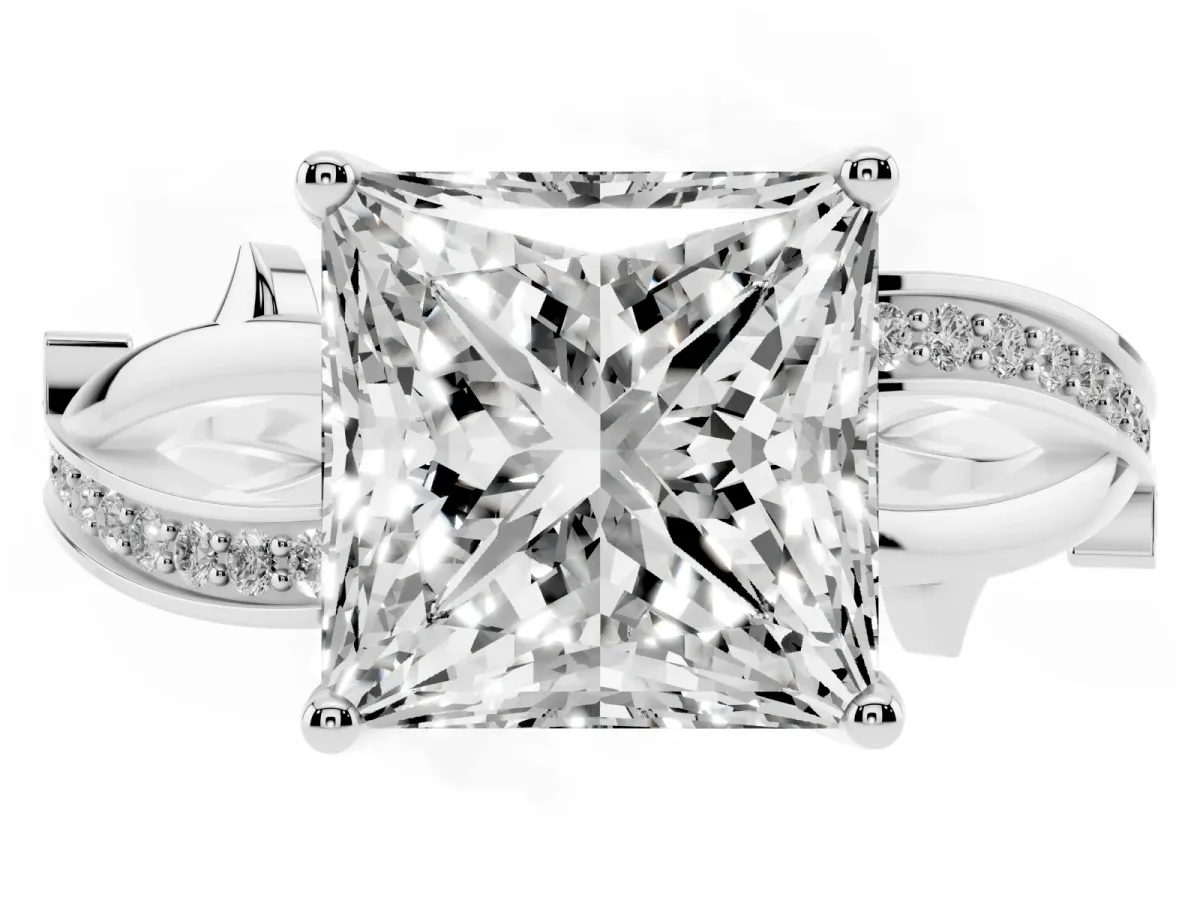Princess Cut Solitaire Twist Band with Pavé Accents and Four-Prong Setting White gold