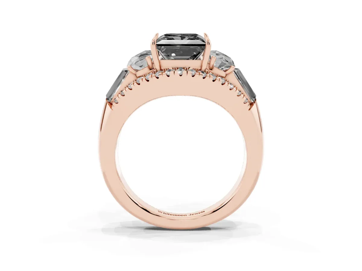 Fancy Black Three-Stone Princess Cut Diamond Engagement Ring with Pave Band and Prong Setting Rose gold