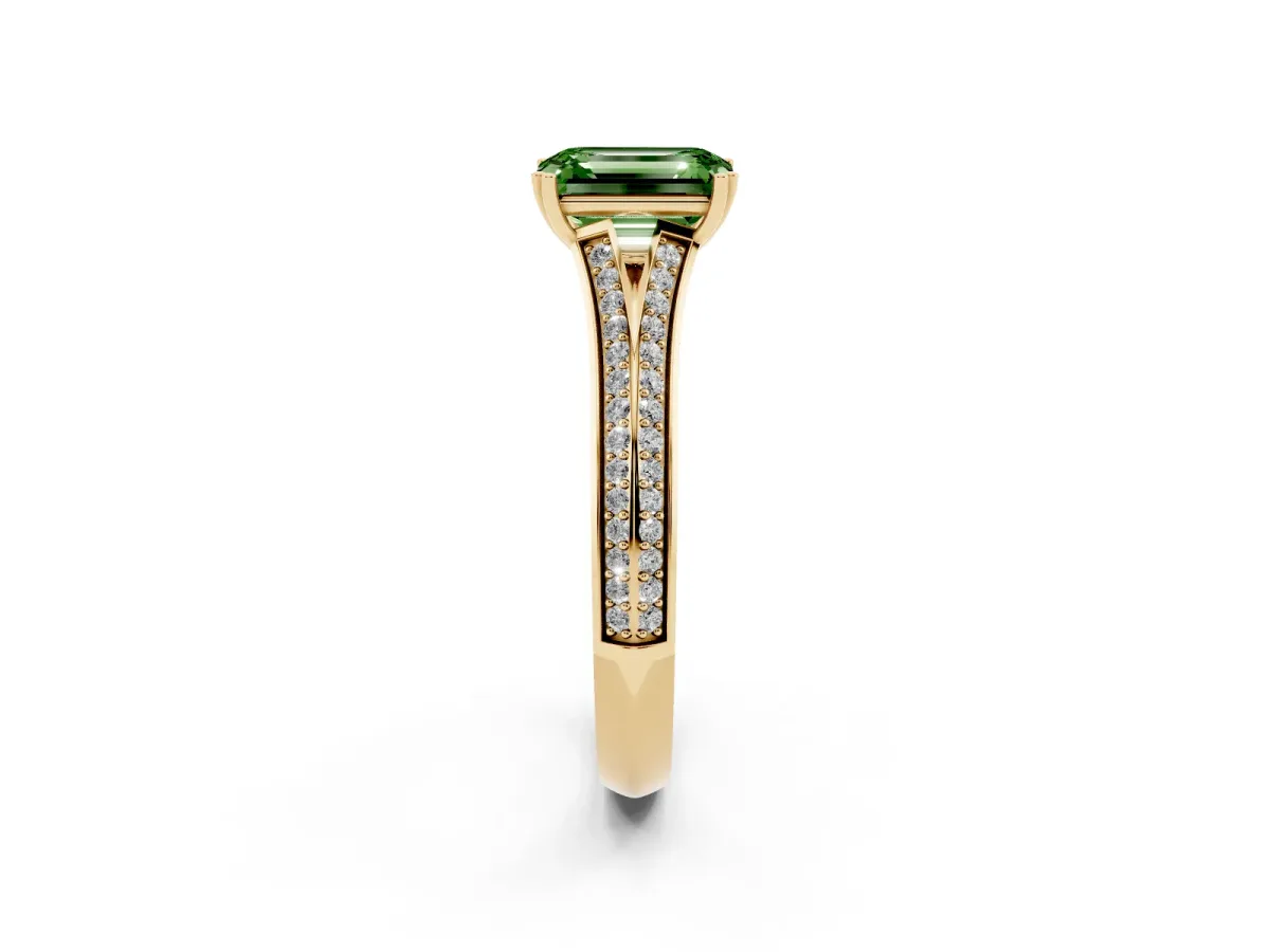 Fancy Green Emerald Cut Diamond Split Shank Engagement Ring with Pavé Band Yellow gold