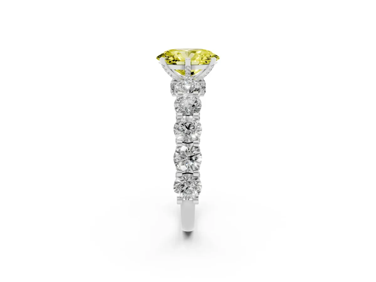 Fancy Yellow Oval Cut Diamond Side Stone Engagement Ring with Four-Prong Setting Platinum