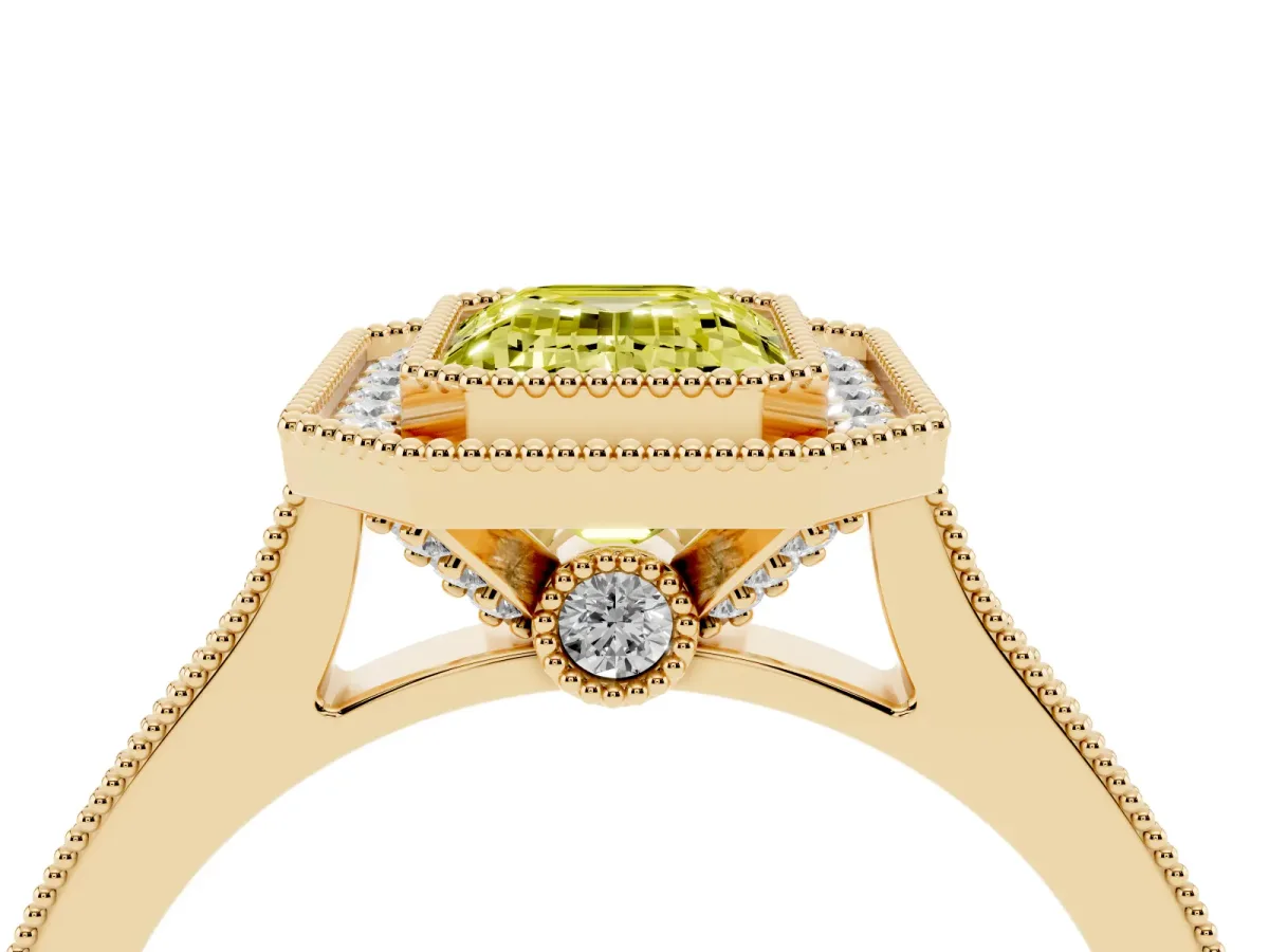 Fancy Yellow Halo Emerald Cut-Cut Diamond Pave Band Milgrain Prong Setting Ring Yellow gold