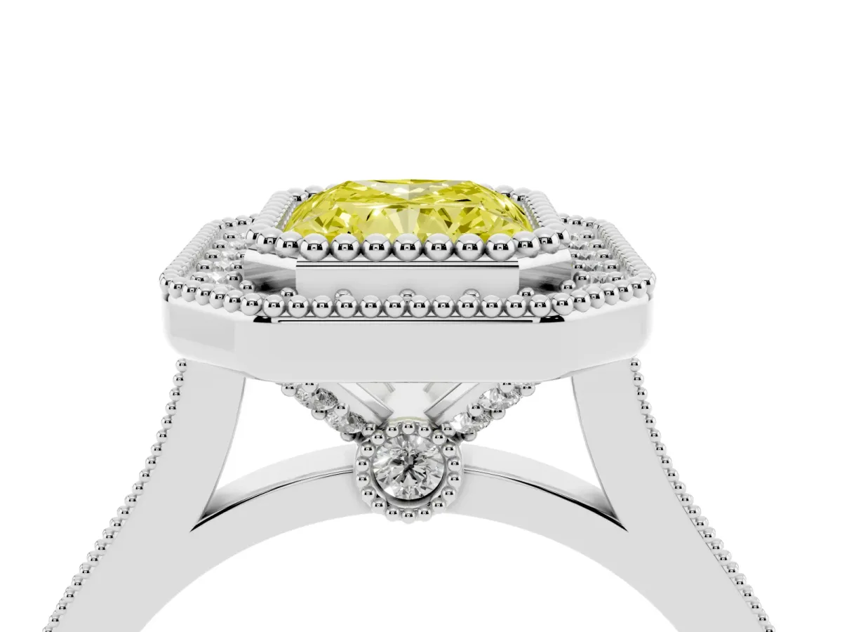 Fancy Yellow Radiant Cut Diamond Halo Ring with Milgrain Frame and Pavé Band White gold