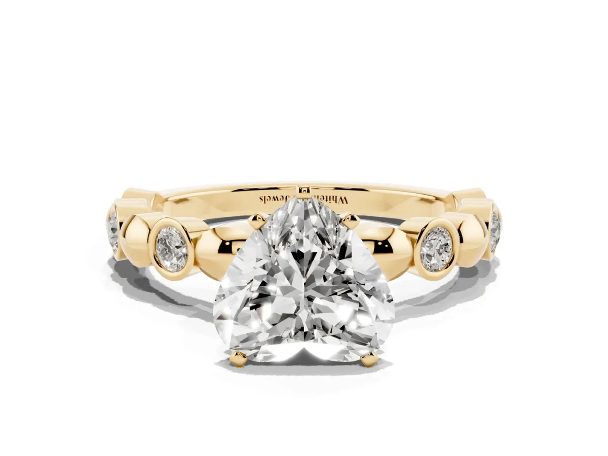 Heart Cut Solitaire Bezel-Set Diamond Ring with Beaded Band and Four-Prong Setting Yellow gold