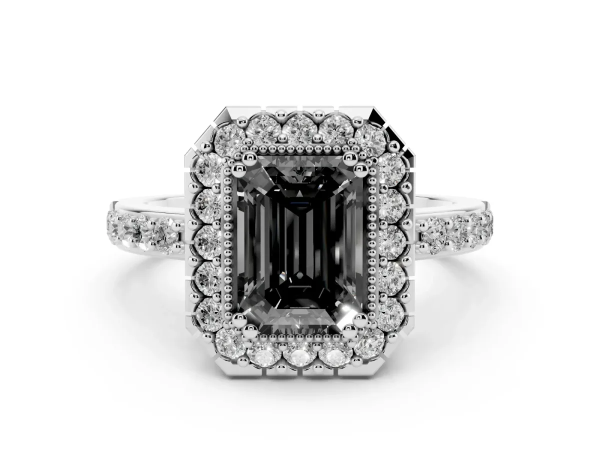 Fancy Black Emerald Cut Diamond Halo Ring with Pavé Band and Prong Setting Silver