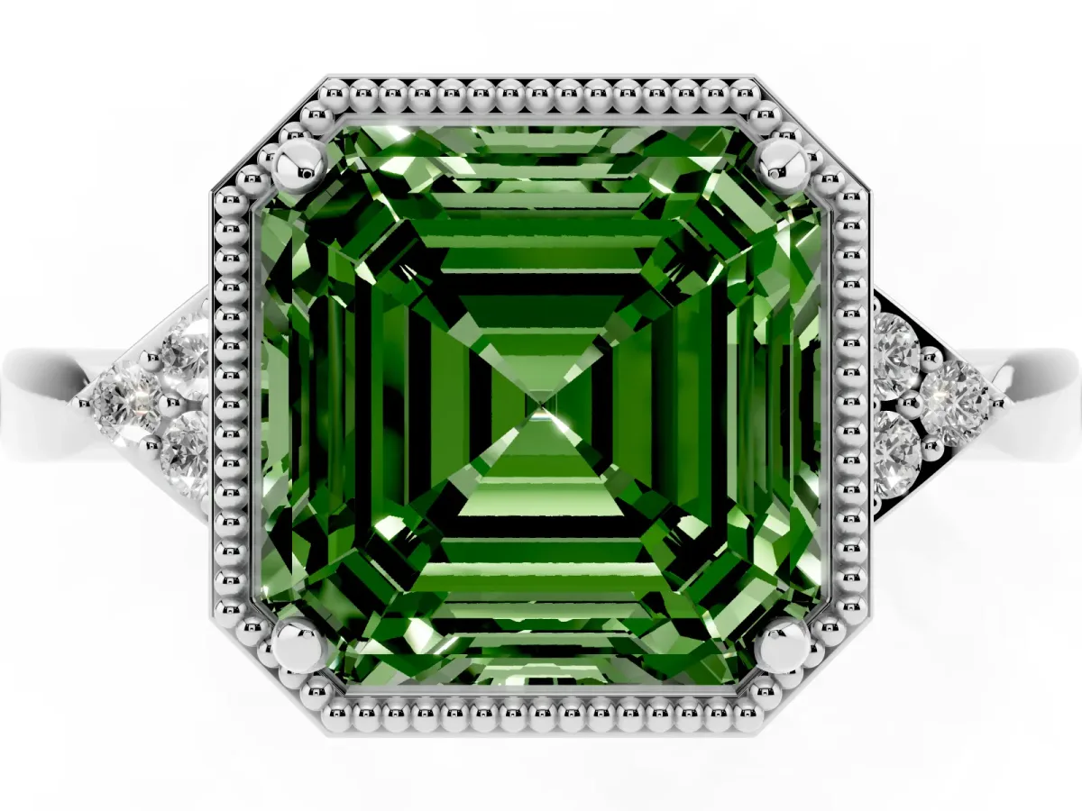 Fancy Green Hexagonal Halo Asscher Cut Diamond Solitaire with Pavé Band and Four-Prong Setting Silver