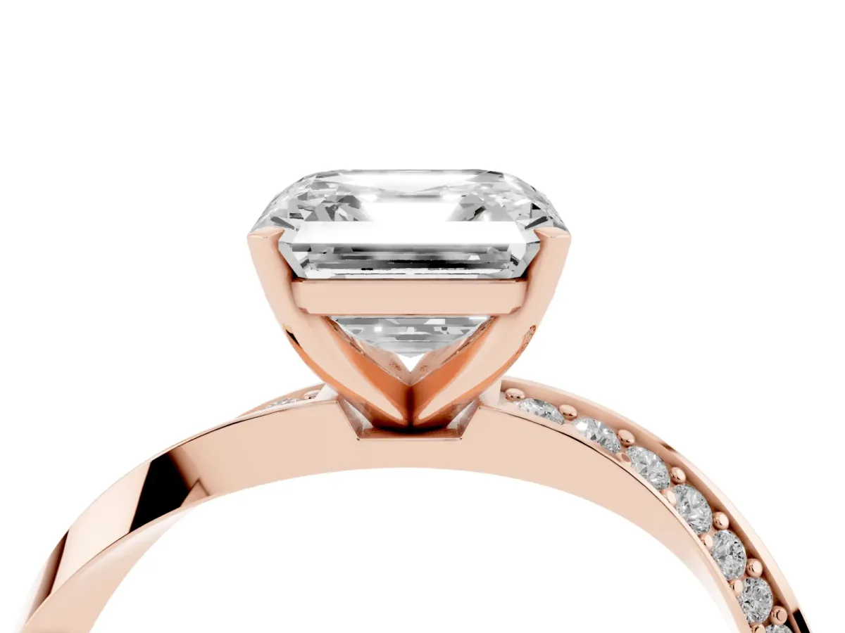 Asscher Cut Diamond Engagement Ring with Side Stone Accents and Four-Prong Setting Rose gold