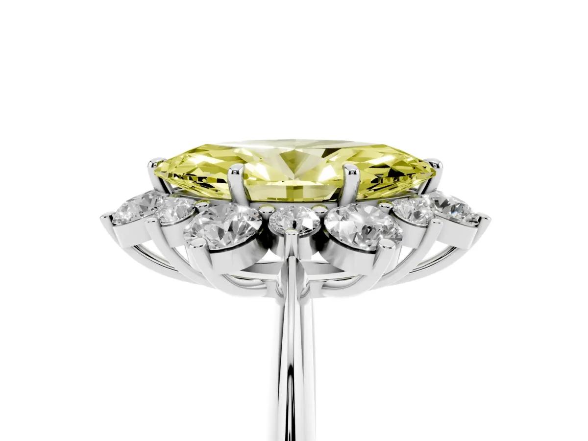 Fancy Yellow Marquise Cut Diamond Cluster Halo Ring with Solitaire Band and Four-Prong Setting Silver