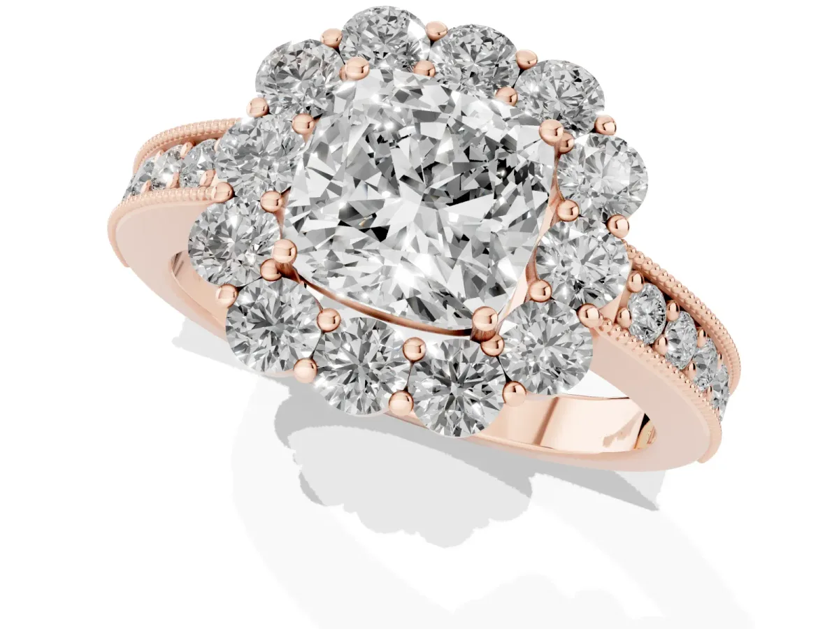Cushion Cut Cut Halo Diamond Pavé Engagement Ring with Milgrain Detailing Rose gold
