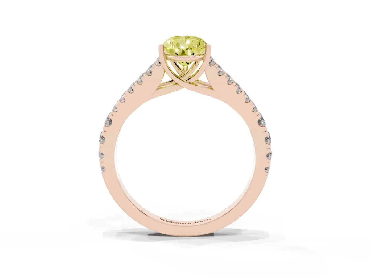 Fancy Yellow Pear Cut Diamond Split Shank Engagement Ring with Round Pavé and Prong Setting Rose gold