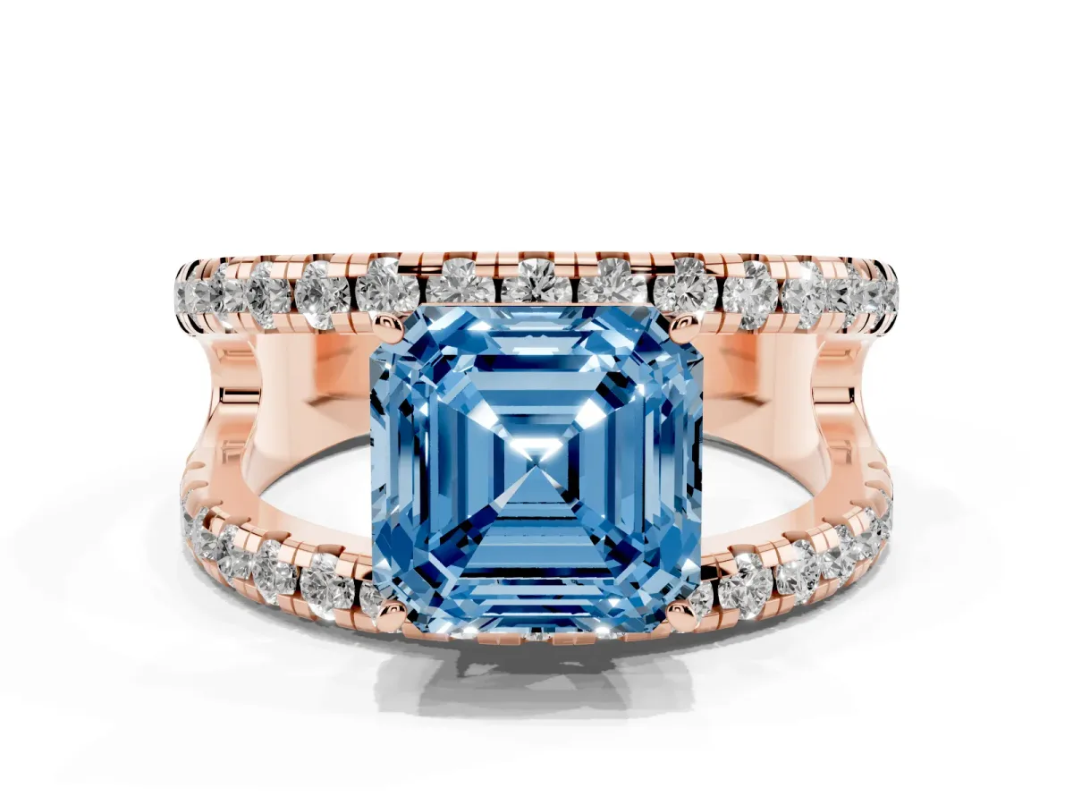 Fancy Blue Asscher Cut Solitaire Split Shank Pave Diamond Ring Rose gold