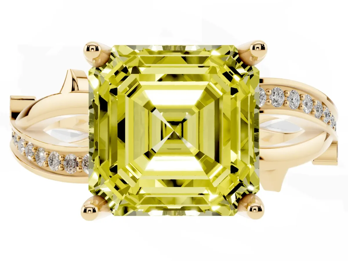 Fancy Yellow Asscher Cut Solitaire Twist Band with Pavé Accents and Four-Prong Setting Yellow gold