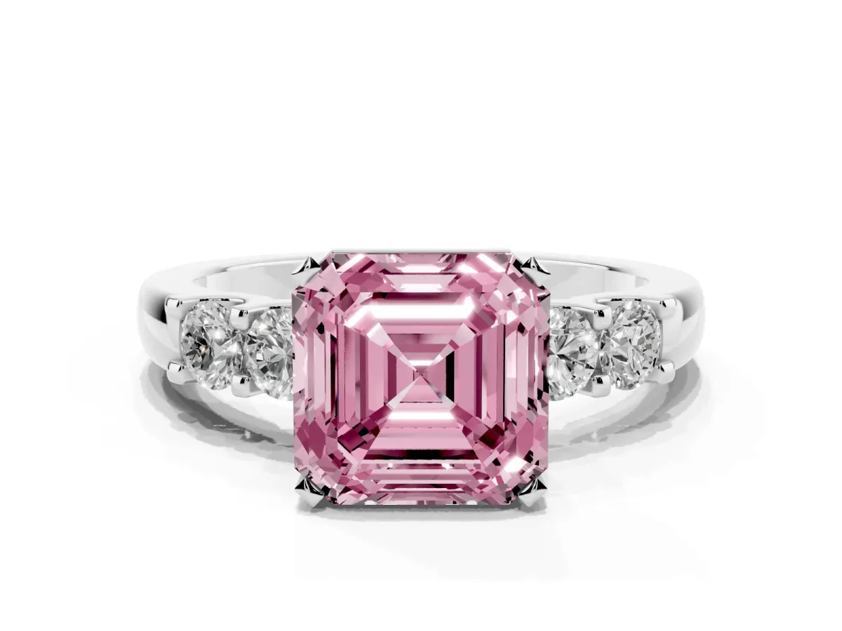 Fancy Pink Asscher Cut Brilliant Cut Diamond Five-Stone Prong Set Engagement Ring with Channel Band Silver
