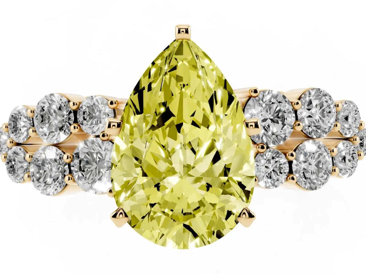 Fancy Yellow Pear Cut Cluster Diamond Engagement Ring with Pavé Band and Four-Prong Setting Yellow gold