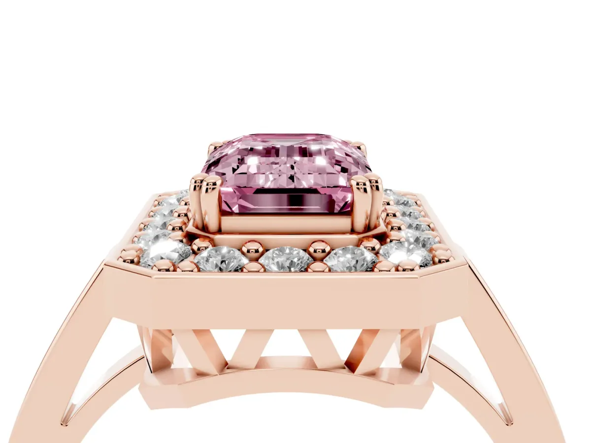 Fancy Pink Emerald Cut Diamond Halo Ring with Split Shank and Four-Prong Setting Rose gold